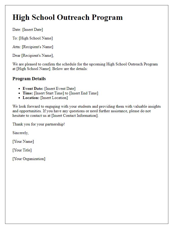 Letter template of schedule confirmation for high school outreach program