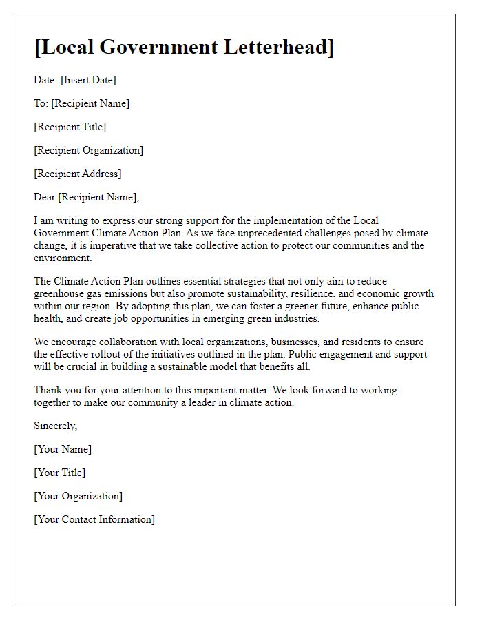 Letter template of local government climate action plan support