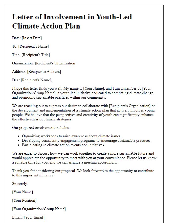 Letter template of youth-led climate action plan involvement