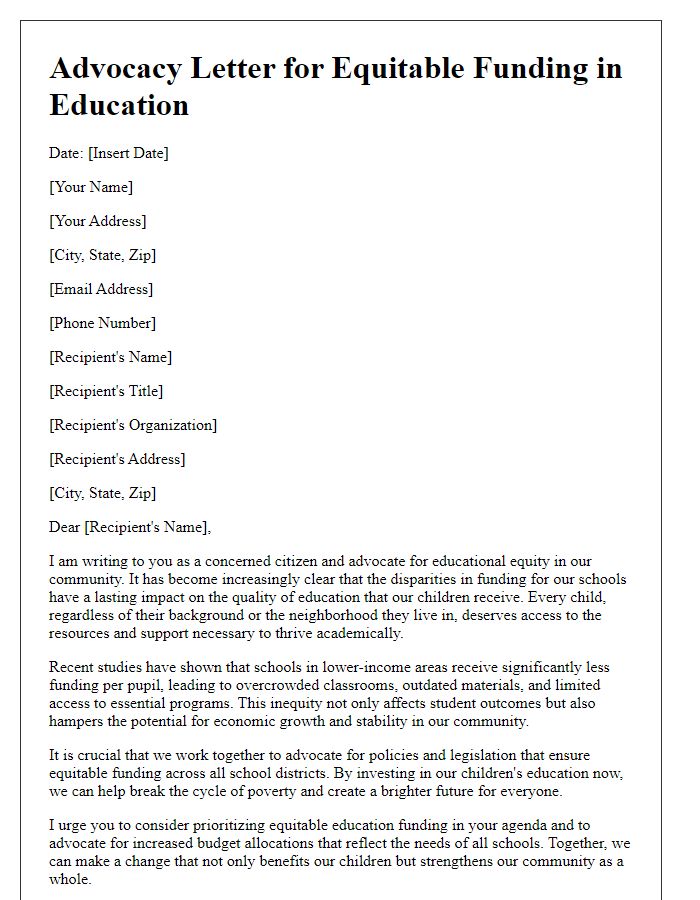 Letter template of advocacy for equitable funding in education.