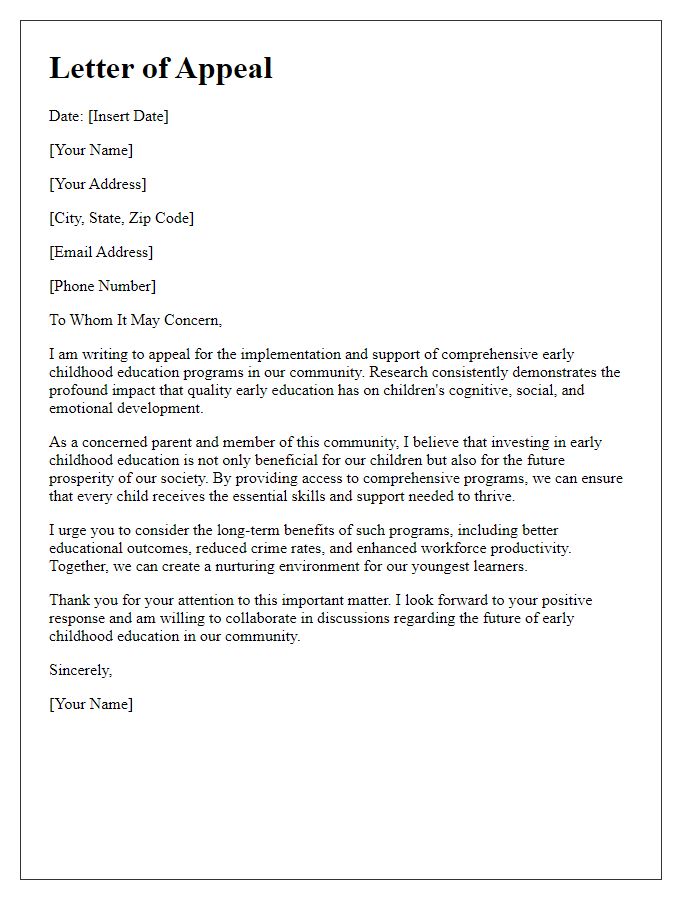 Letter template of appeal for comprehensive early childhood education programs.