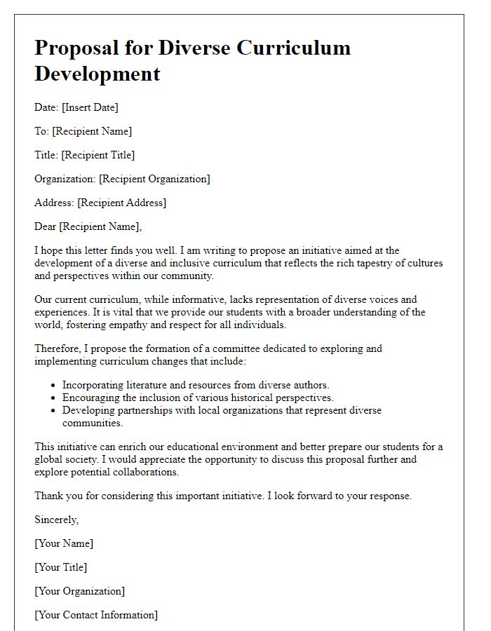 Letter template of initiative for diverse curriculum development.