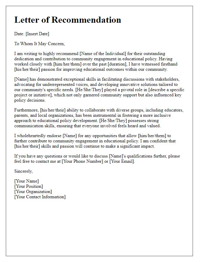 Letter template of recommendation for community engagement in educational policy.