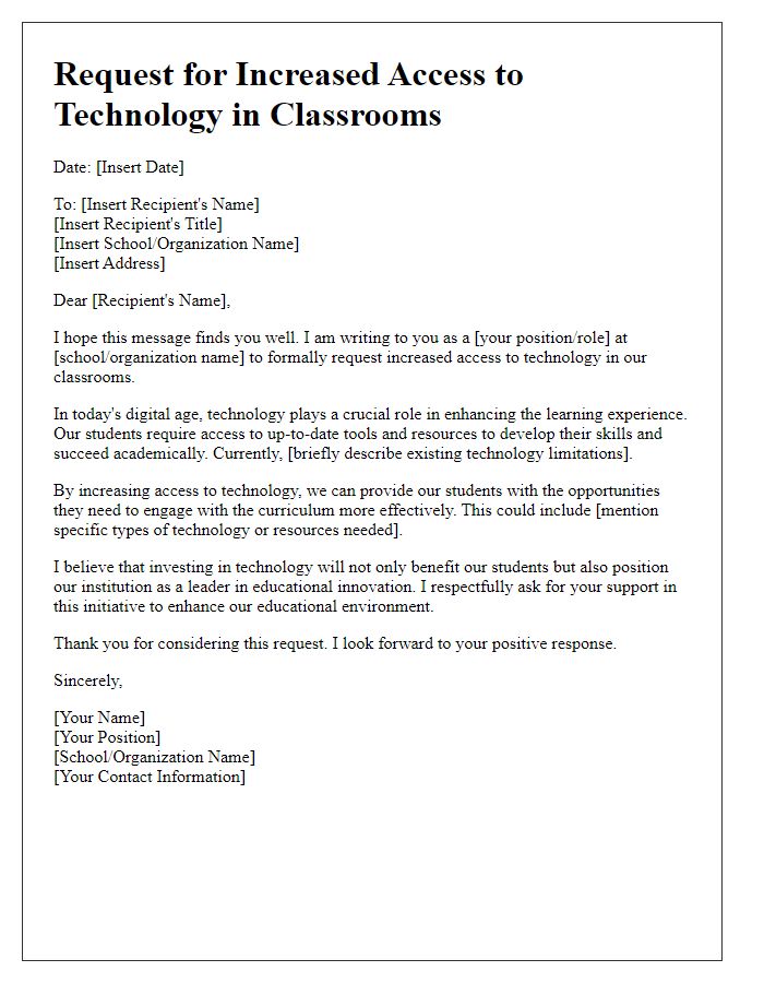 Letter template of request for increased access to technology in classrooms.