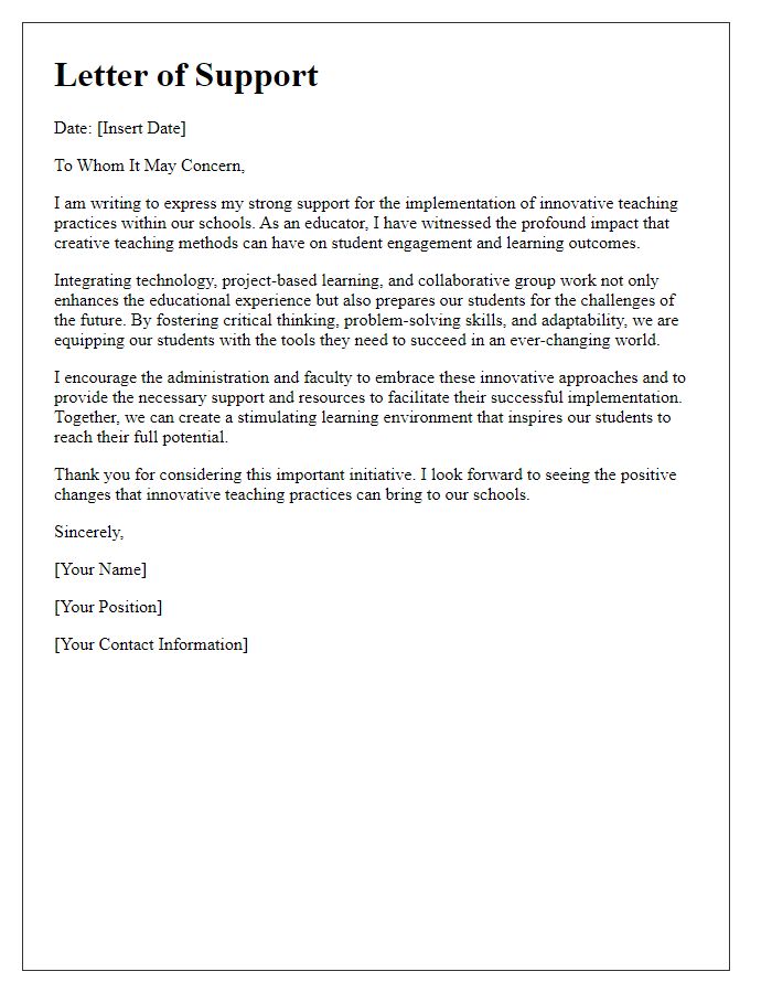 Letter template of support for innovative teaching practices in schools.