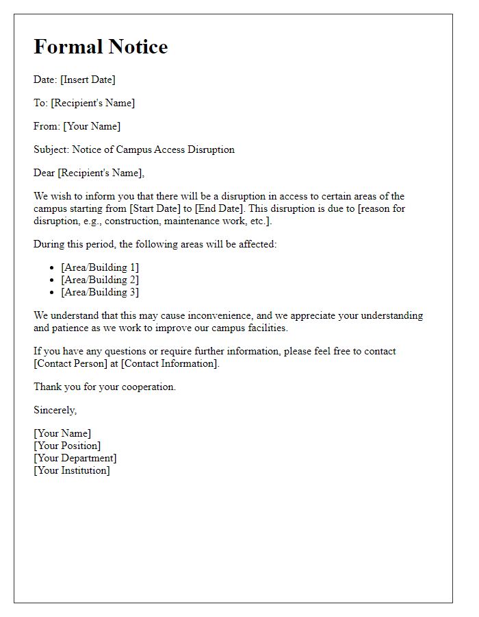 Letter template of formal notice for campus access disruption