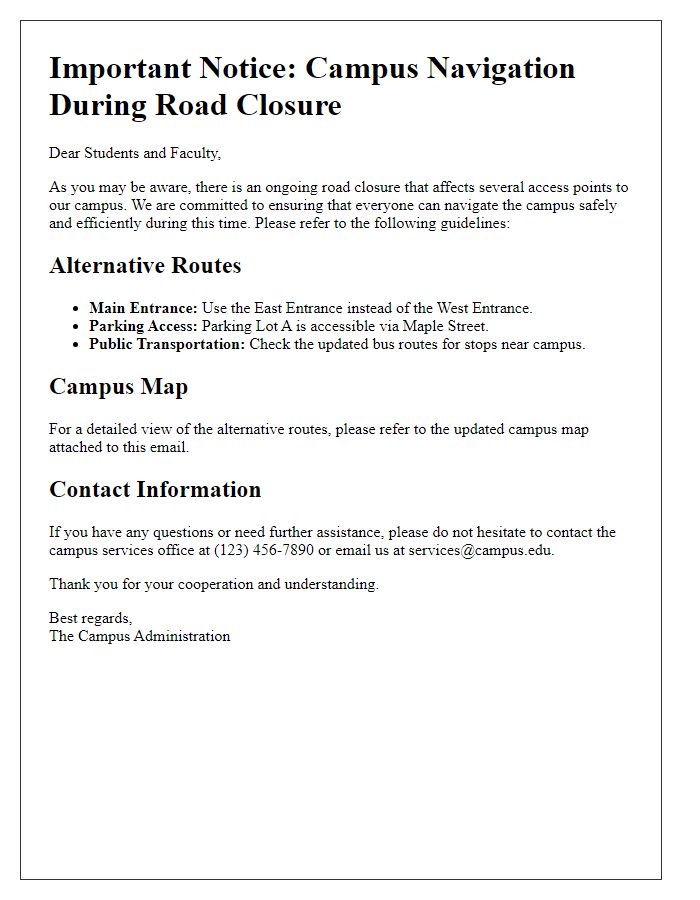 Letter template of guidance on navigating campus during road closure