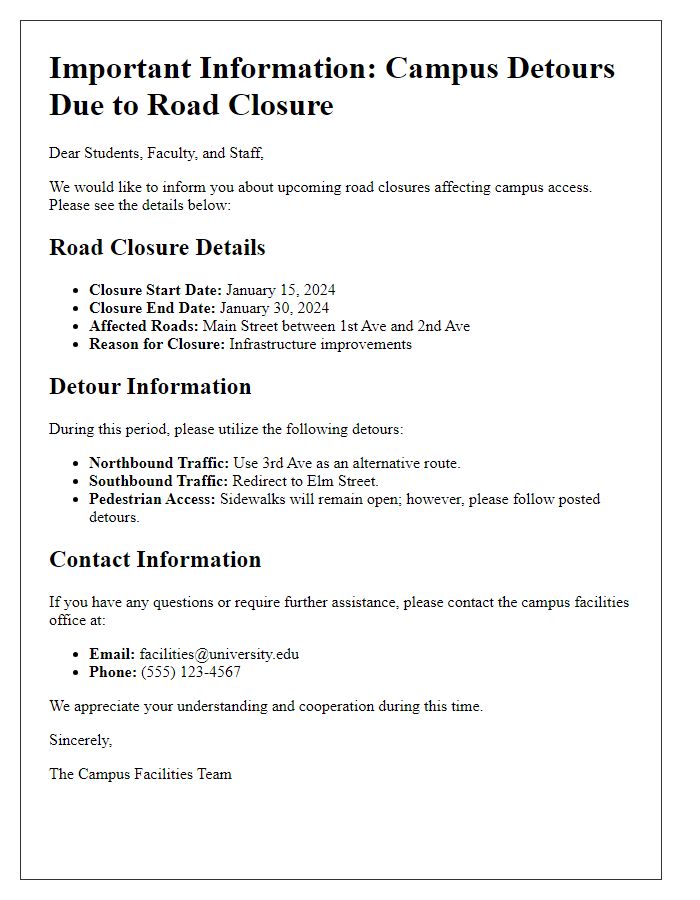 Letter template of information on campus detours during road closure