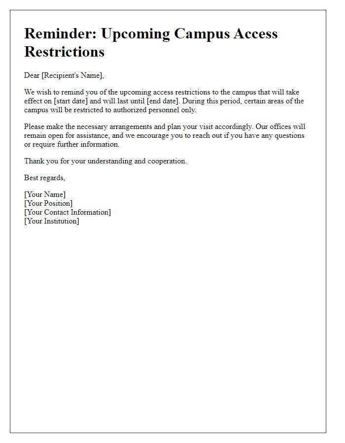 Letter template of reminder for upcoming campus access restrictions