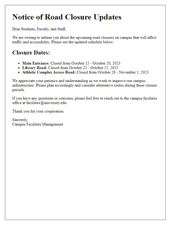 Letter template of update on campus road closure dates