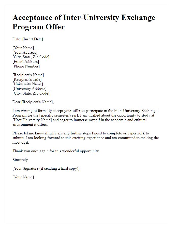 Letter template of acceptance for inter-university exchange program offer.