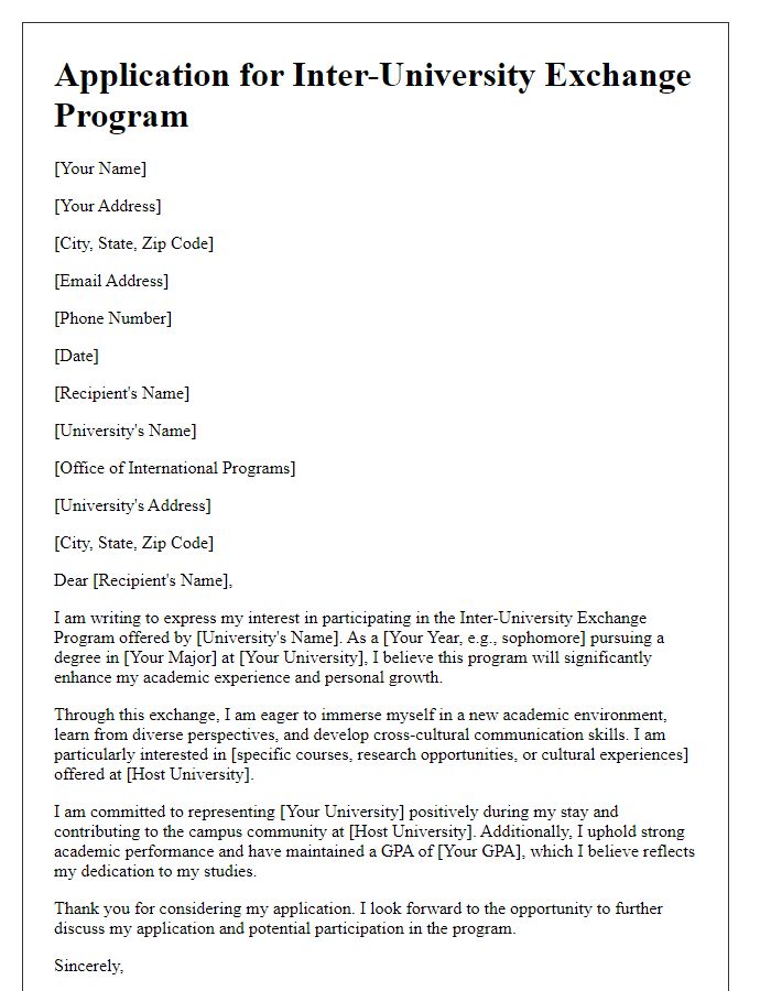 Letter template of application for inter-university exchange program participation.