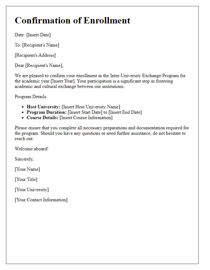 Letter template of confirmation of inter-university exchange program enrollment.