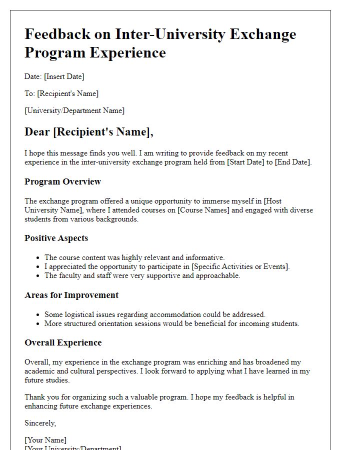 Letter template of feedback on inter-university exchange program experience.