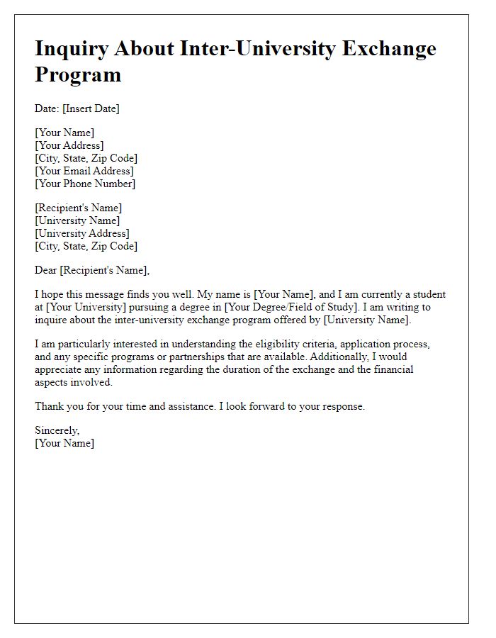 Letter template of inquiry about inter-university exchange program details.