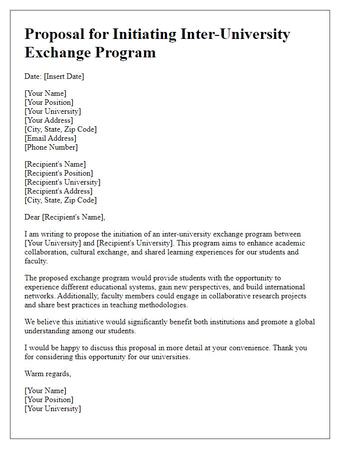 Letter template of proposal for initiating an inter-university exchange program.