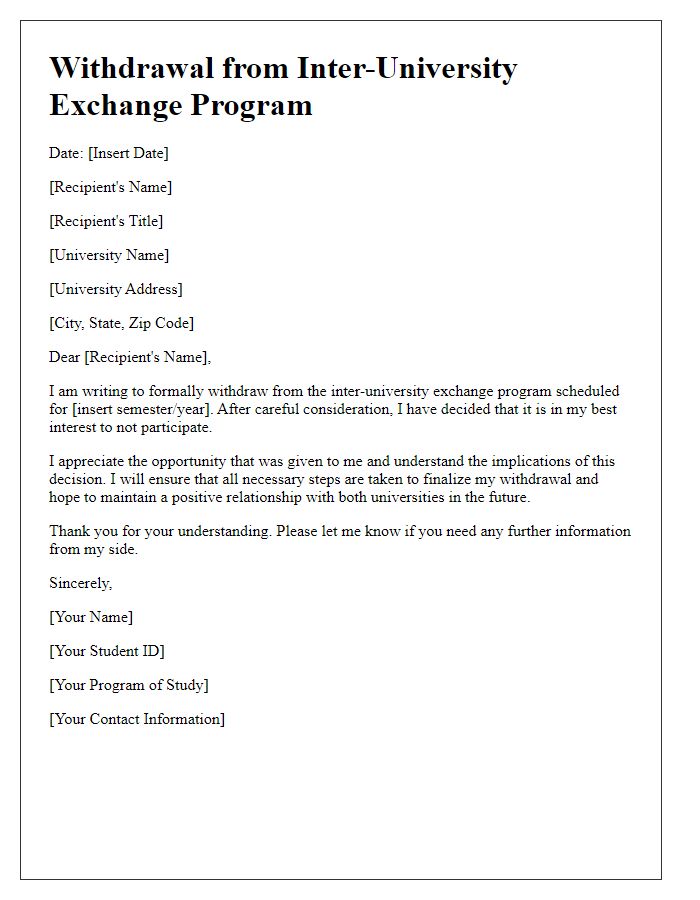 Letter template of withdrawal from inter-university exchange program.