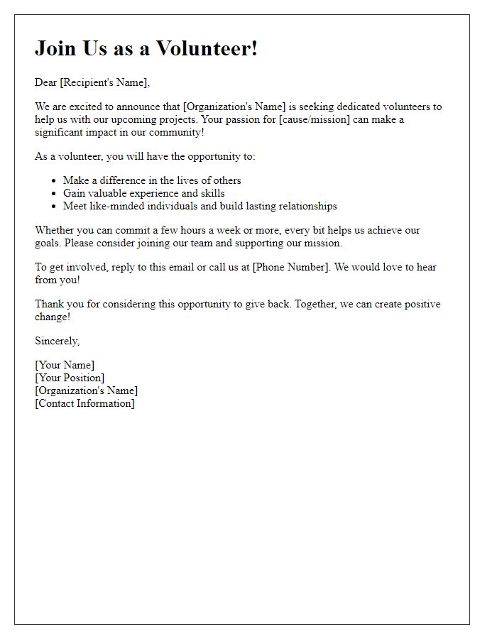 Letter template of volunteer recruitment call to action