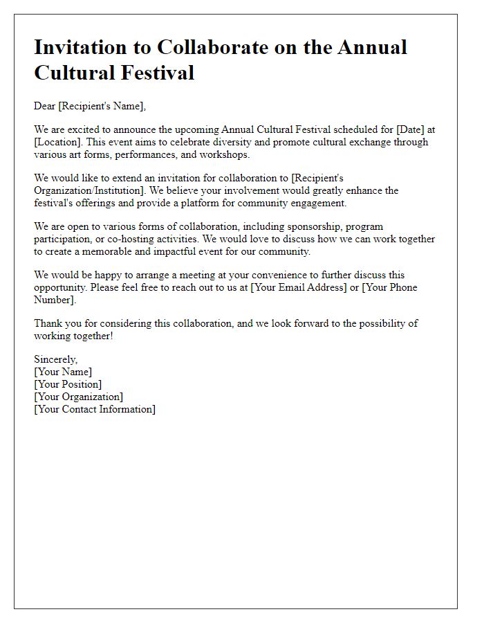 Letter template of collaboration invitation for cultural festival