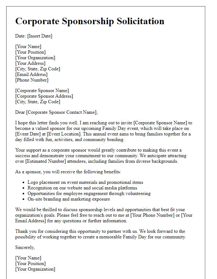 Letter template of corporate sponsorship solicitation for family day