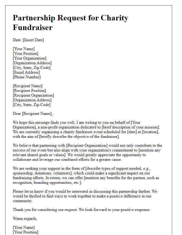 Letter template of partnership request for charity fundraiser