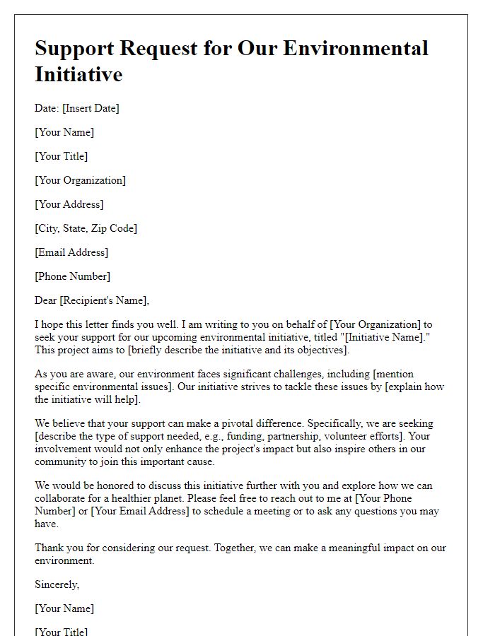 Letter template of support request for environmental initiative