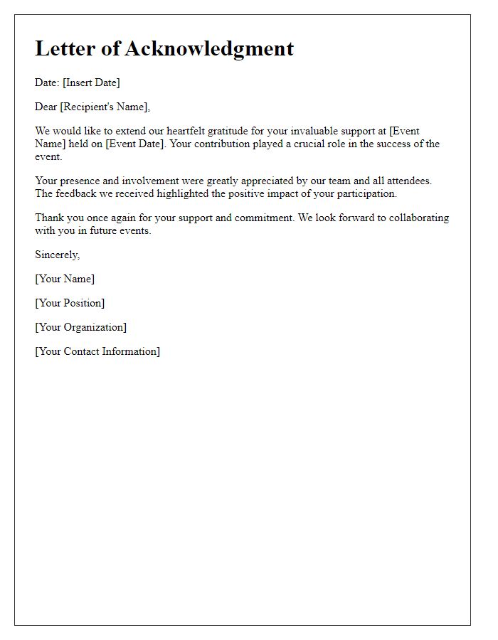 Letter template of acknowledgment for your support at the event