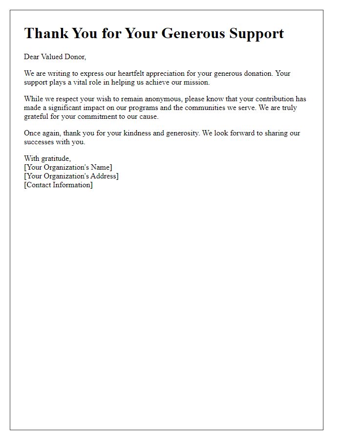 Letter template of donor acknowledgment for anonymous donations