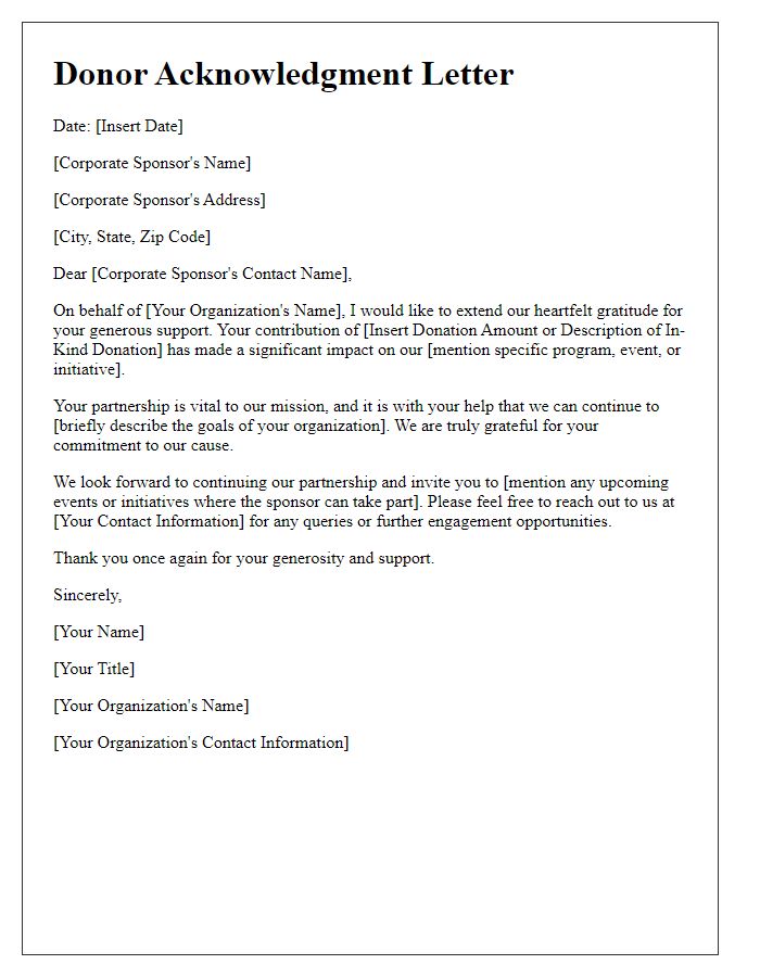 Letter template of donor acknowledgment for corporate sponsors