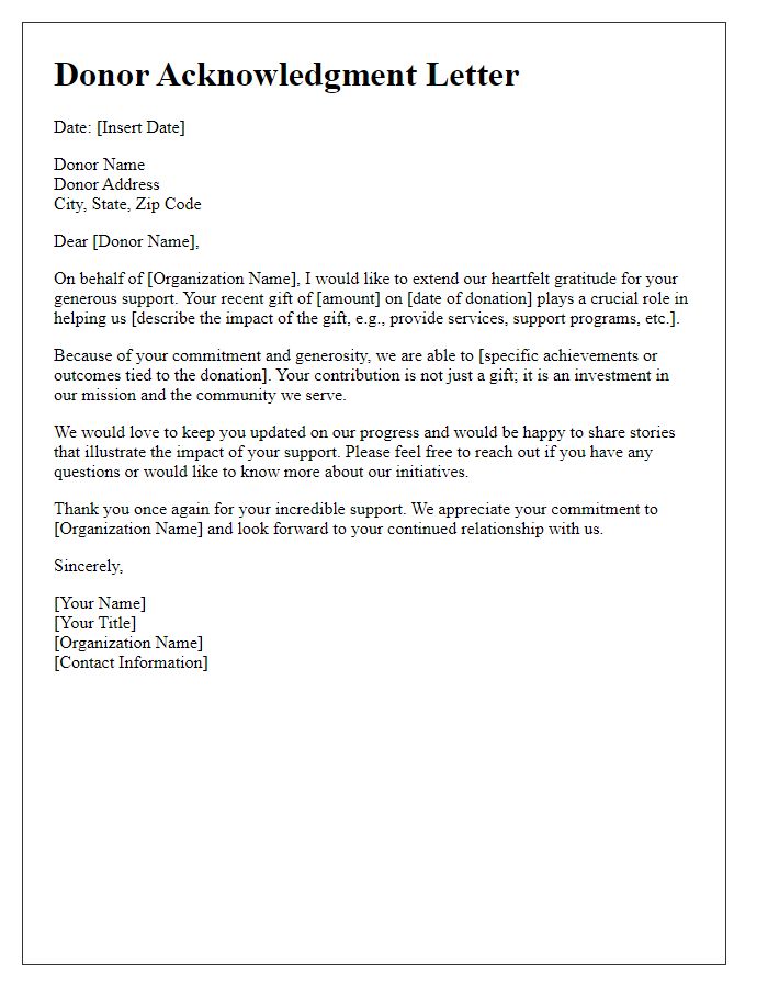 Letter template of donor acknowledgment for major gifts