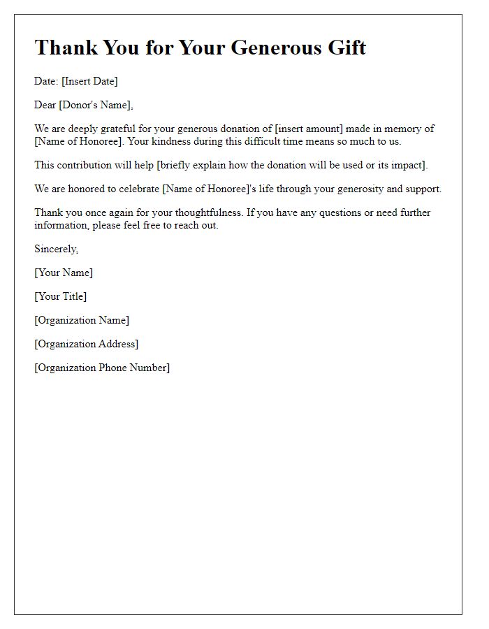 Letter template of donor acknowledgment for memorial donations