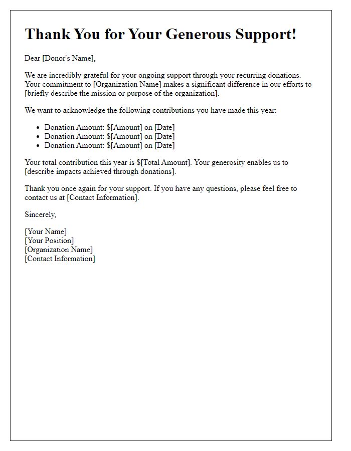 Letter template of donor acknowledgment for recurring donations