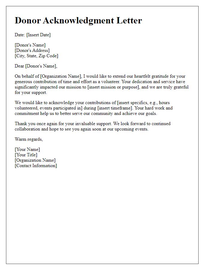 Letter template of donor acknowledgment for volunteer contributions