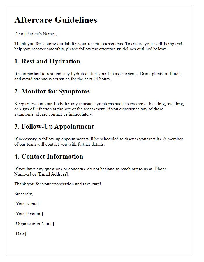 Letter template of aftercare guidelines following lab assessments.