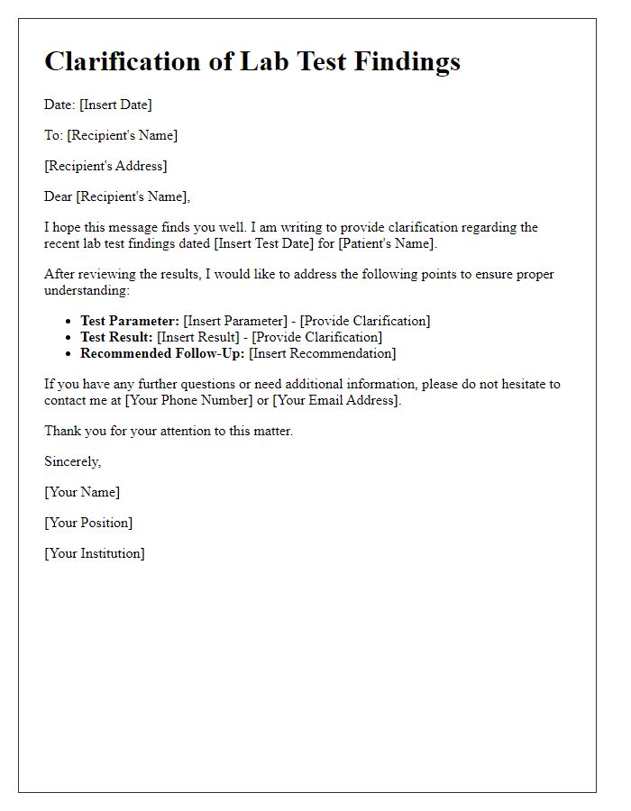 Letter template of clarification for lab test findings.