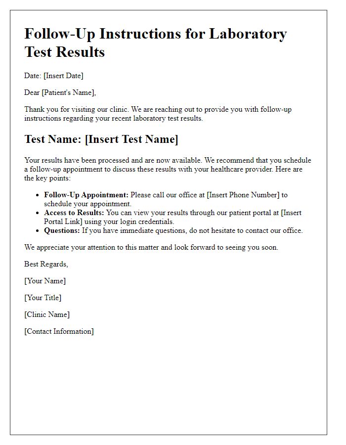 Letter template of follow-up instructions for laboratory test results.