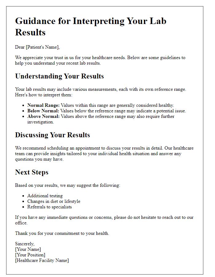 Letter template of guidance for interpreting lab results.