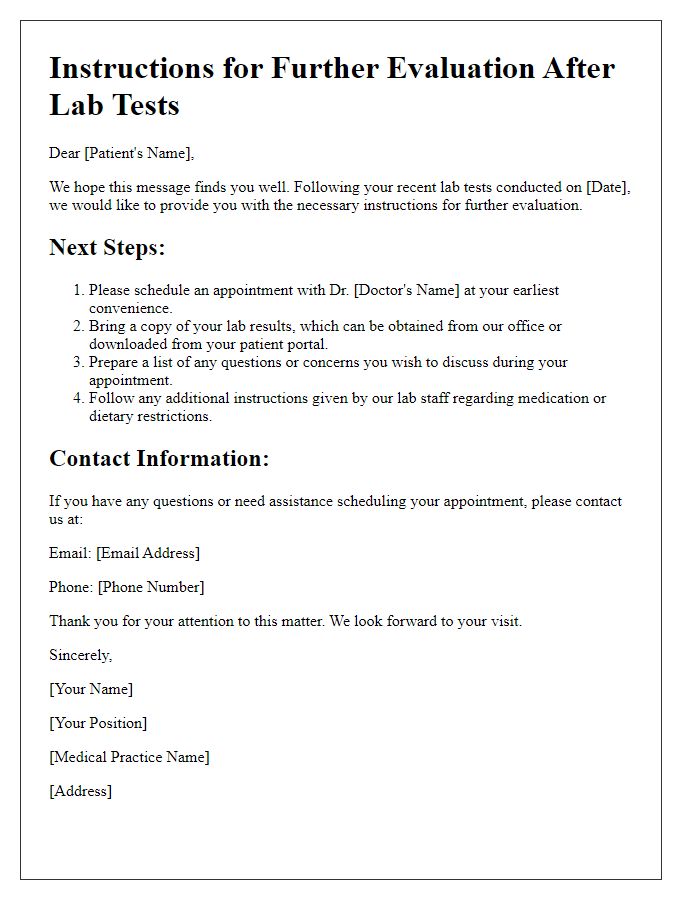 Letter template of instructions for further evaluation after lab tests.