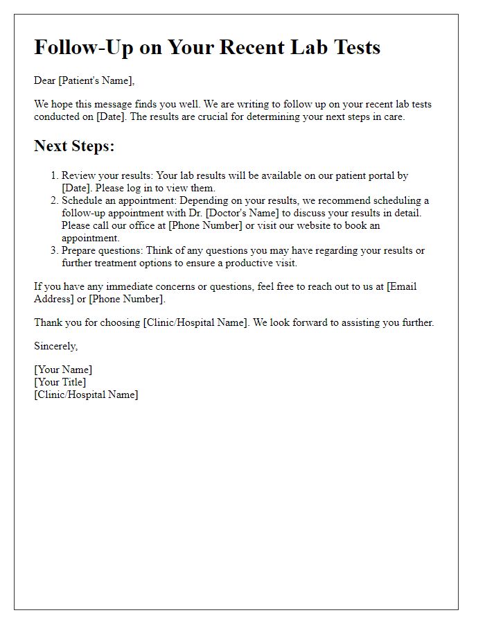 Letter template of next steps for lab test follow-up.