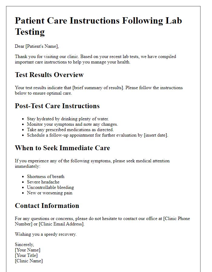 Letter template of patient care instructions post-lab testing.