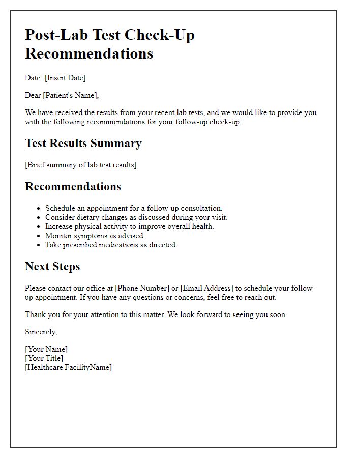 Letter template of post-lab test check-up recommendations.