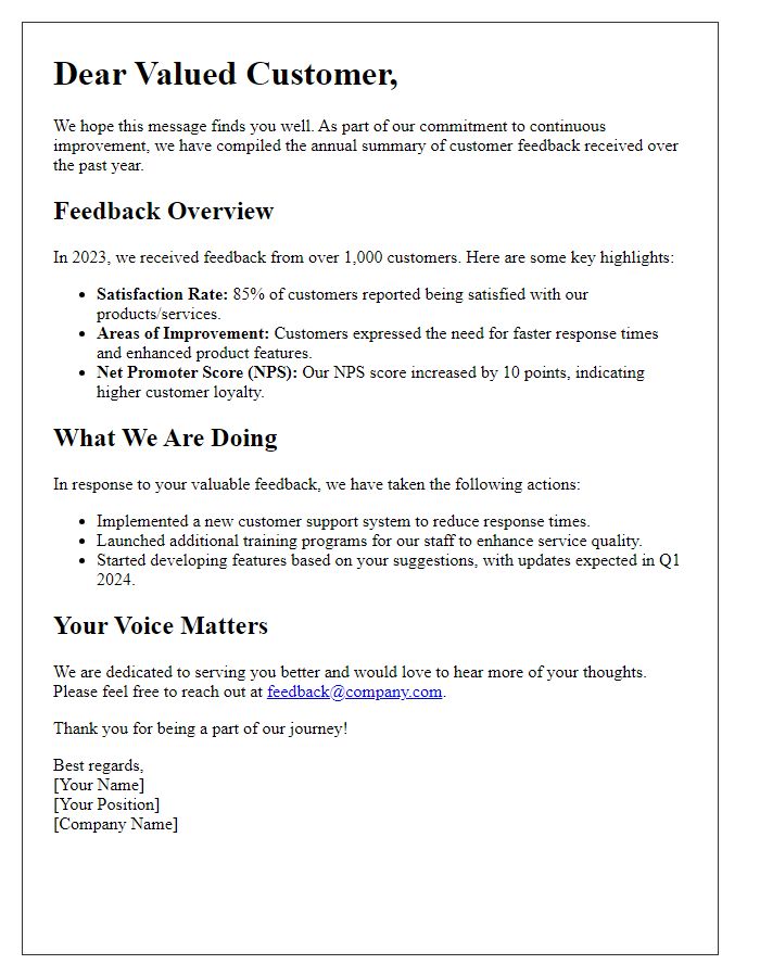 Letter template of annual customer feedback summary communication