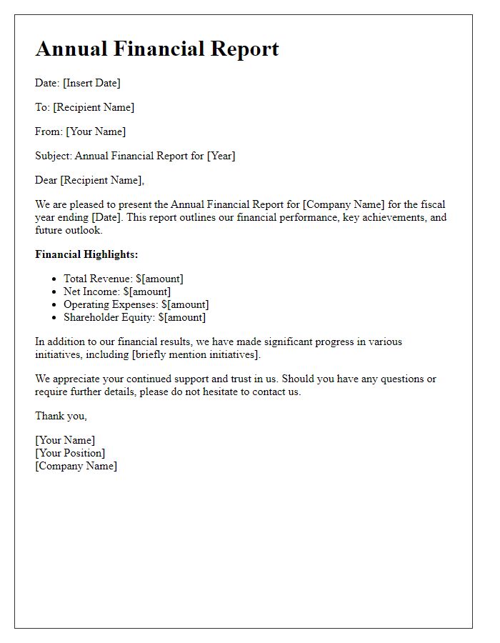 Letter template of annual financial report communication