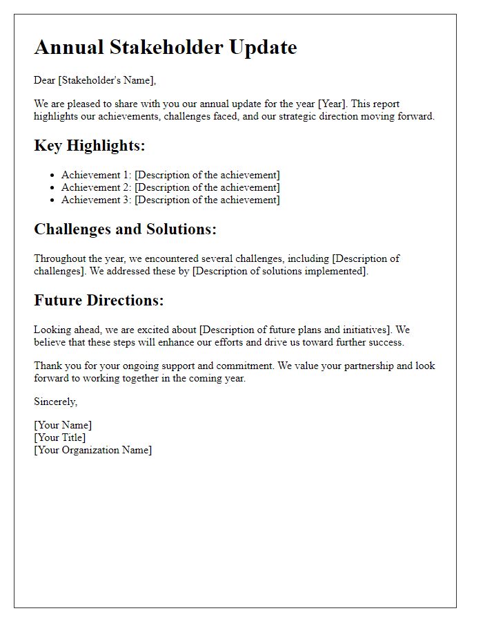 Letter template of annual stakeholder update communication