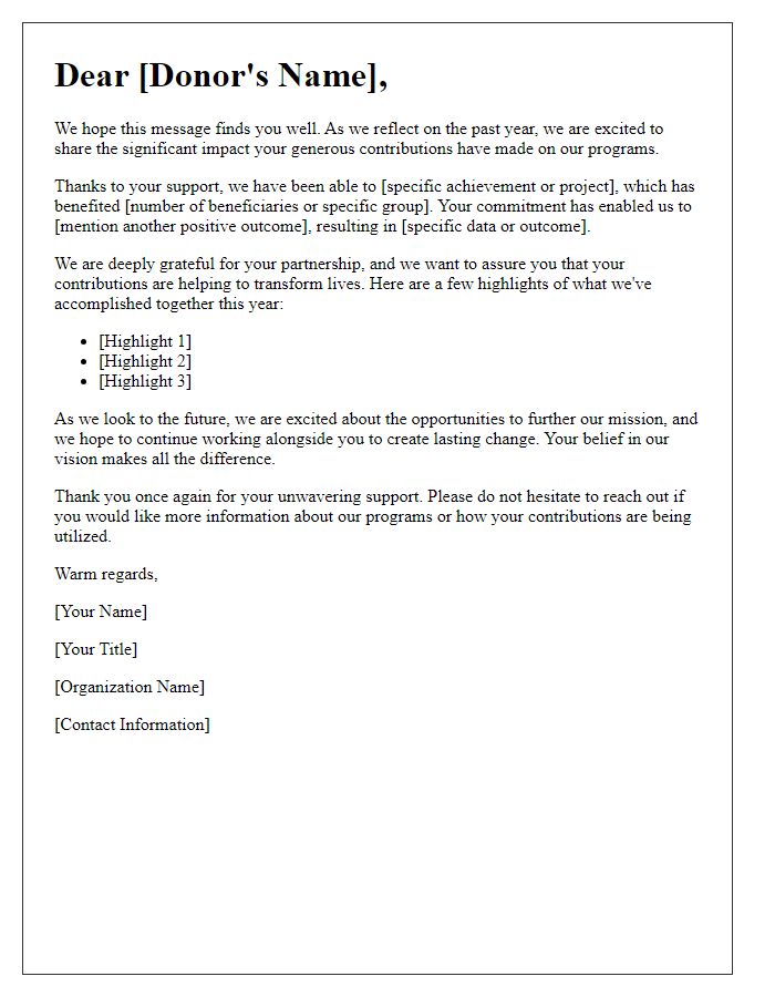 Letter template of program impact report for donor appreciation