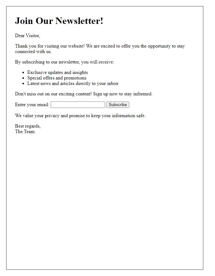 Letter template of newsletter connection offer for website visitors