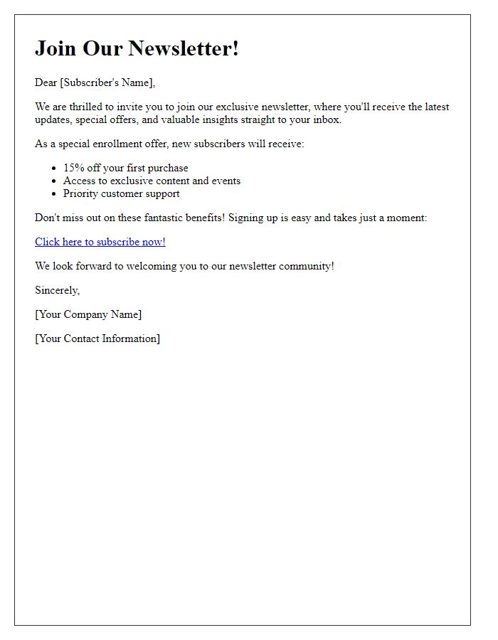 Letter template of newsletter enrollment offer for potential subscribers