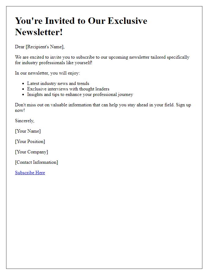 Letter template of newsletter invitation for industry professionals