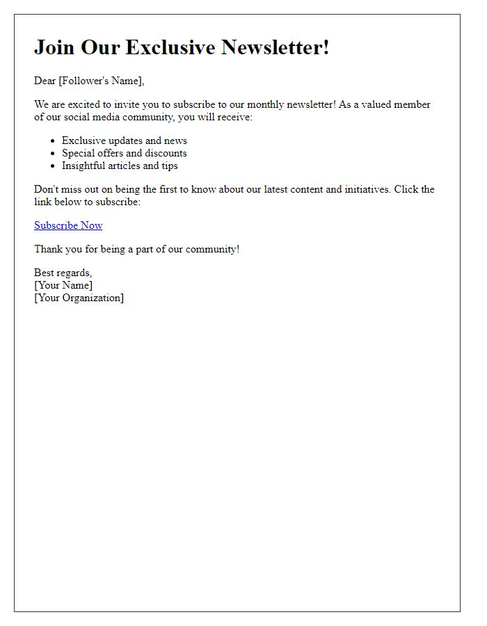 Letter template of newsletter invitation for social media followers