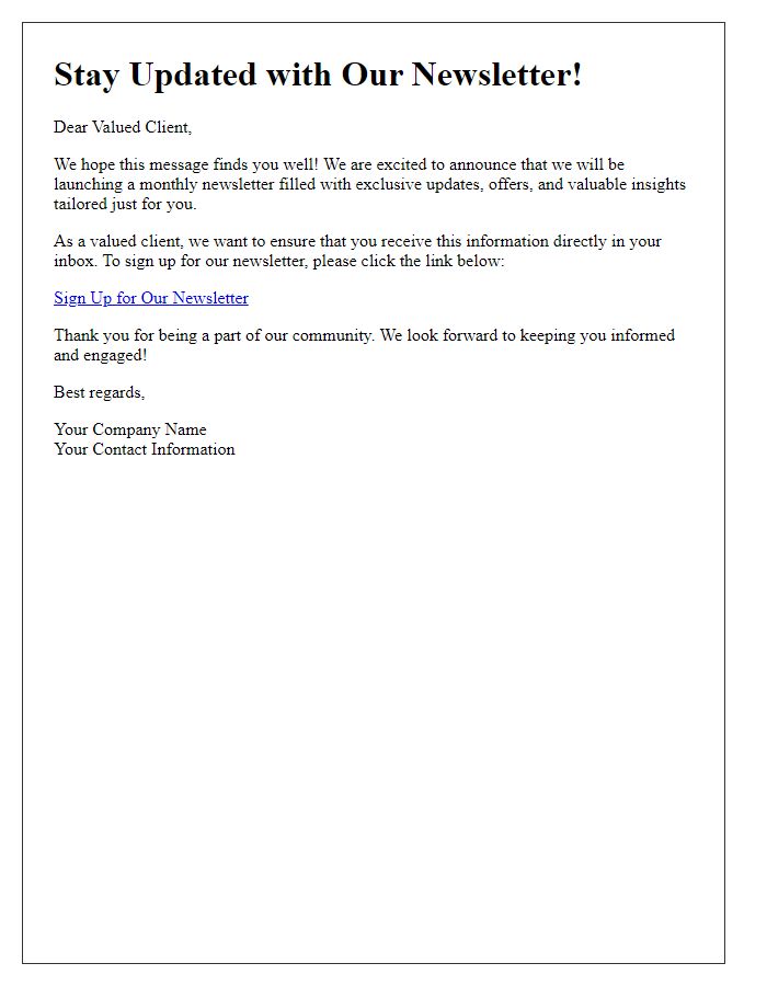 Letter template of newsletter sign-up request for existing clients